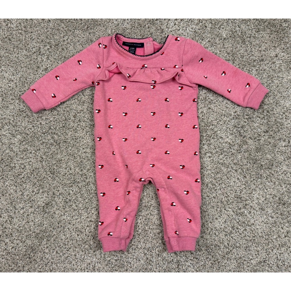 Tommy Hilfiger Baby Girls Pink Heart Print Ruffle‎ Romper One Piece 6-9M
